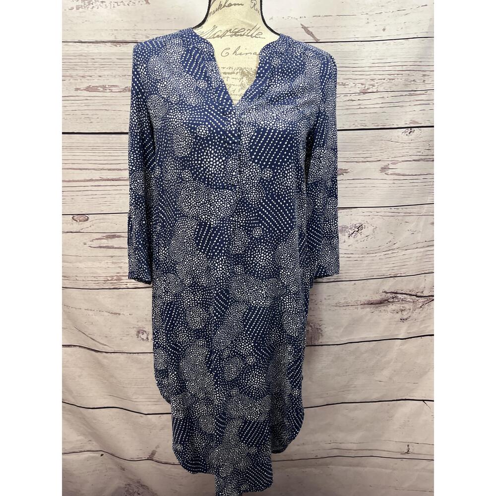 Cupio Blue V-Neck‎ Long Sleeve Dress White Dot Pattern Size Medium